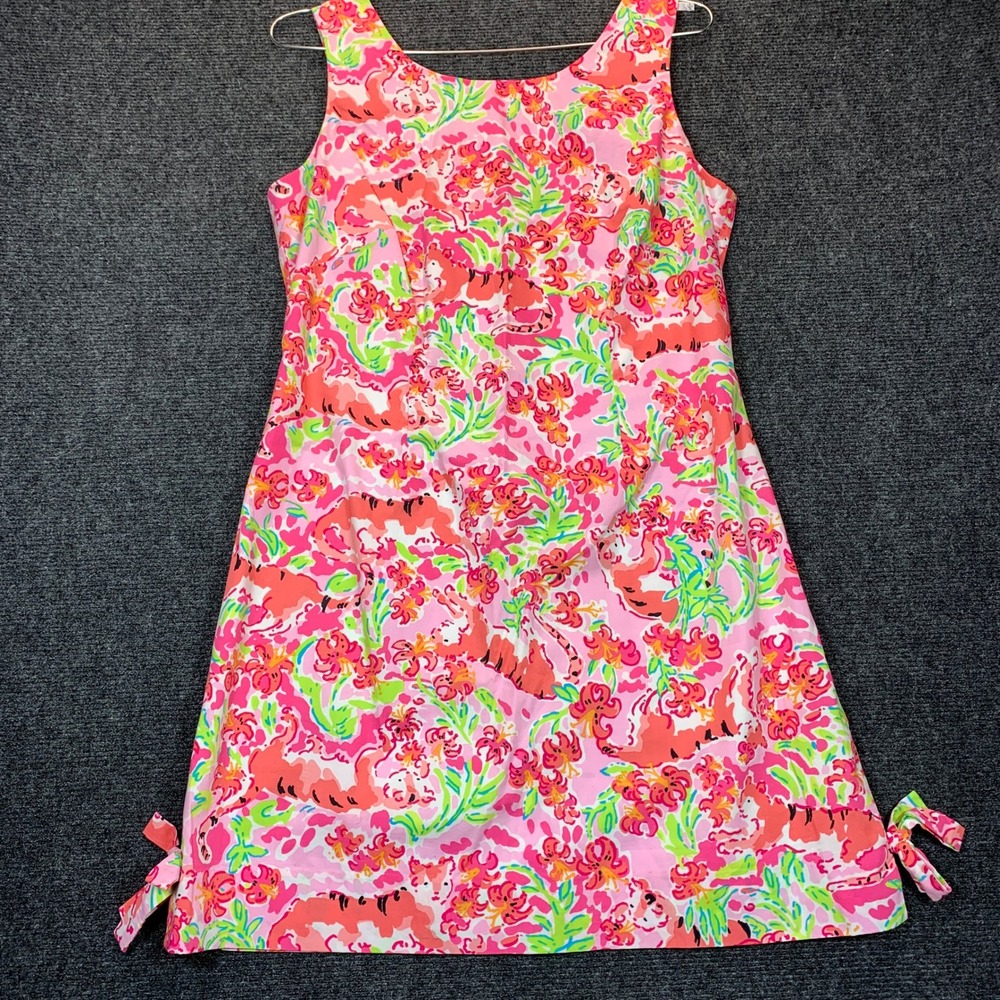 Lilly Pulitzer Shift Dress 8 Pink Tiger Floral Modernism Tropical Bow Resort Y2K